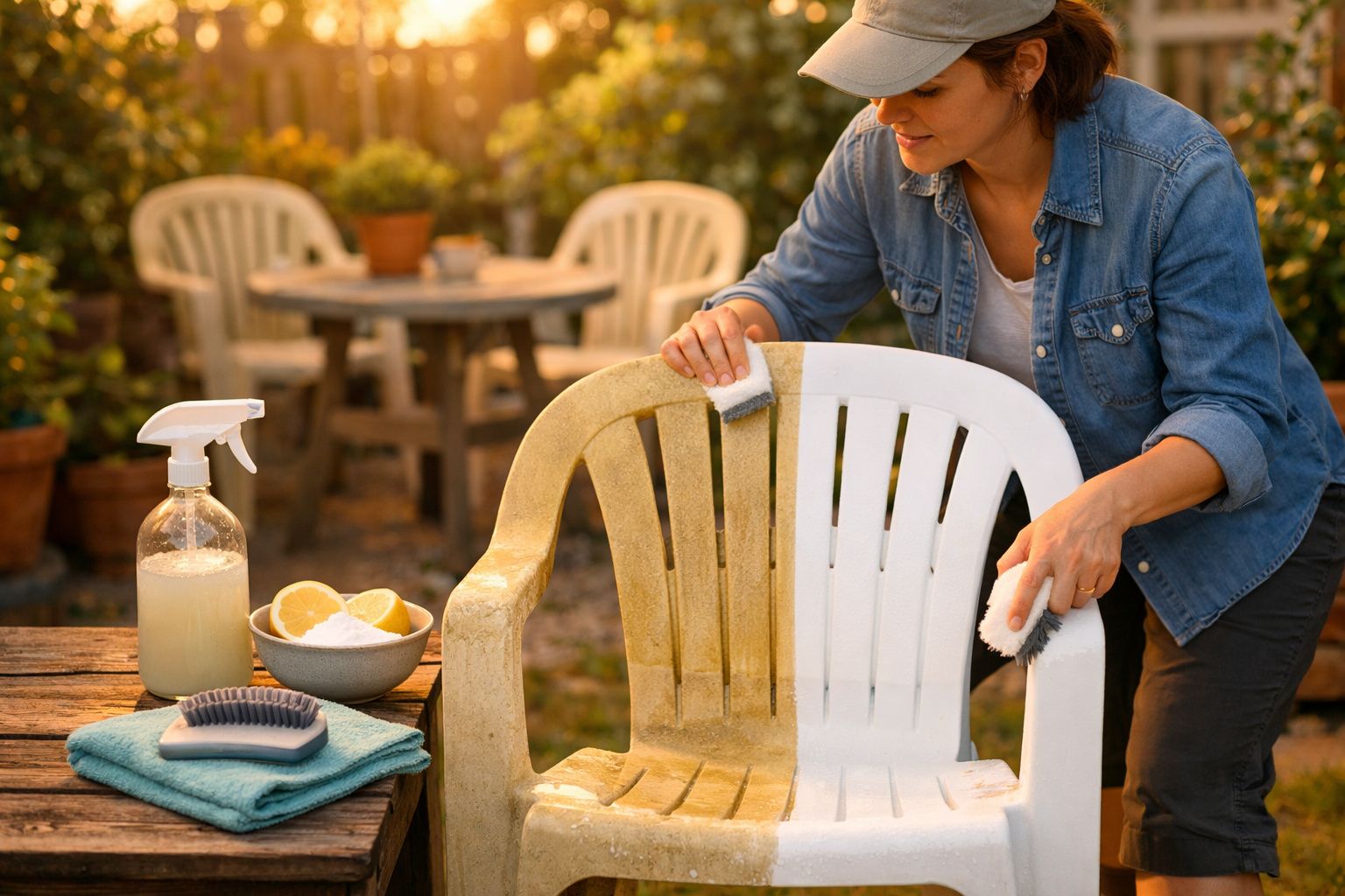 Pessoa a limpar uma cadeira de plástico com uma escova, tendo produtos de limpeza e limões numa mesa ao lado.