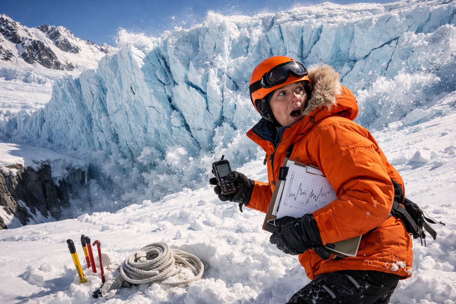 Pessoa com roupa de montanhismo laranja segura mapas e rádio em geleira, olhando preocupada para trás.