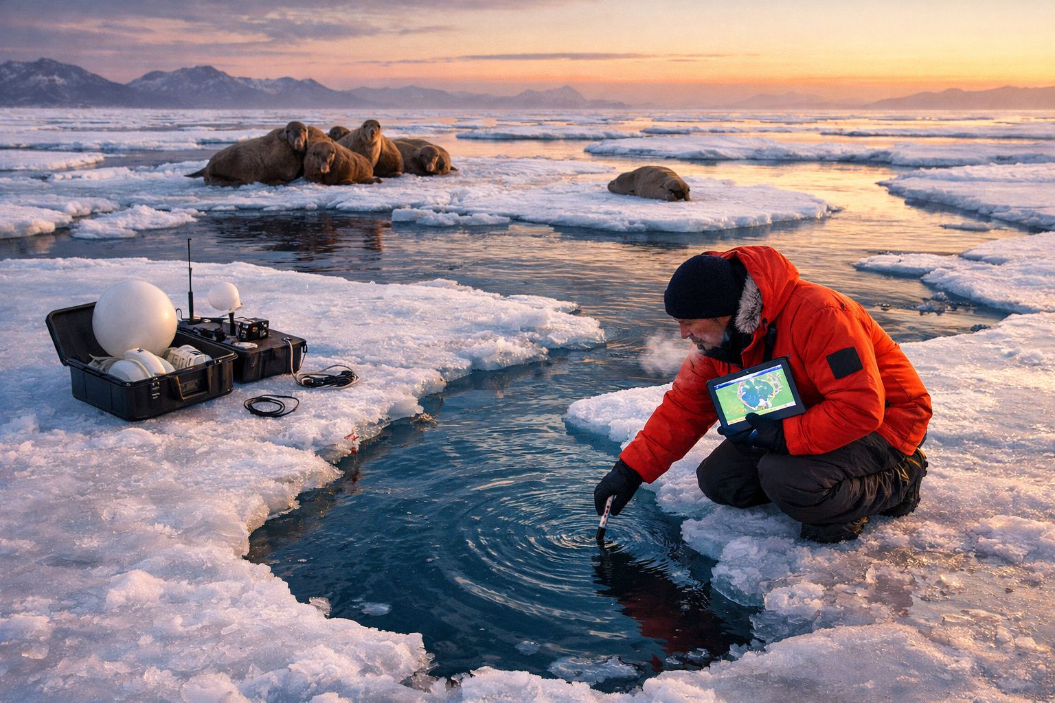 Investigador com casaco laranja recolhe amostra de água no gelo, com morsas ao fundo numa paisagem polar ao pôr do sol.