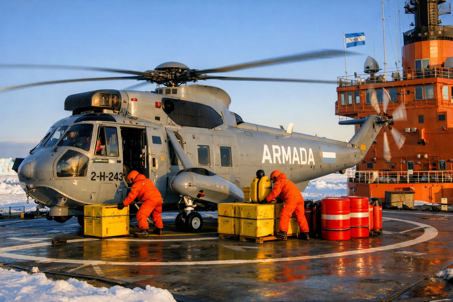 Helicóptero cinza da Armada com dois tripulantes a carregar caixas amarelas num convés de navio.