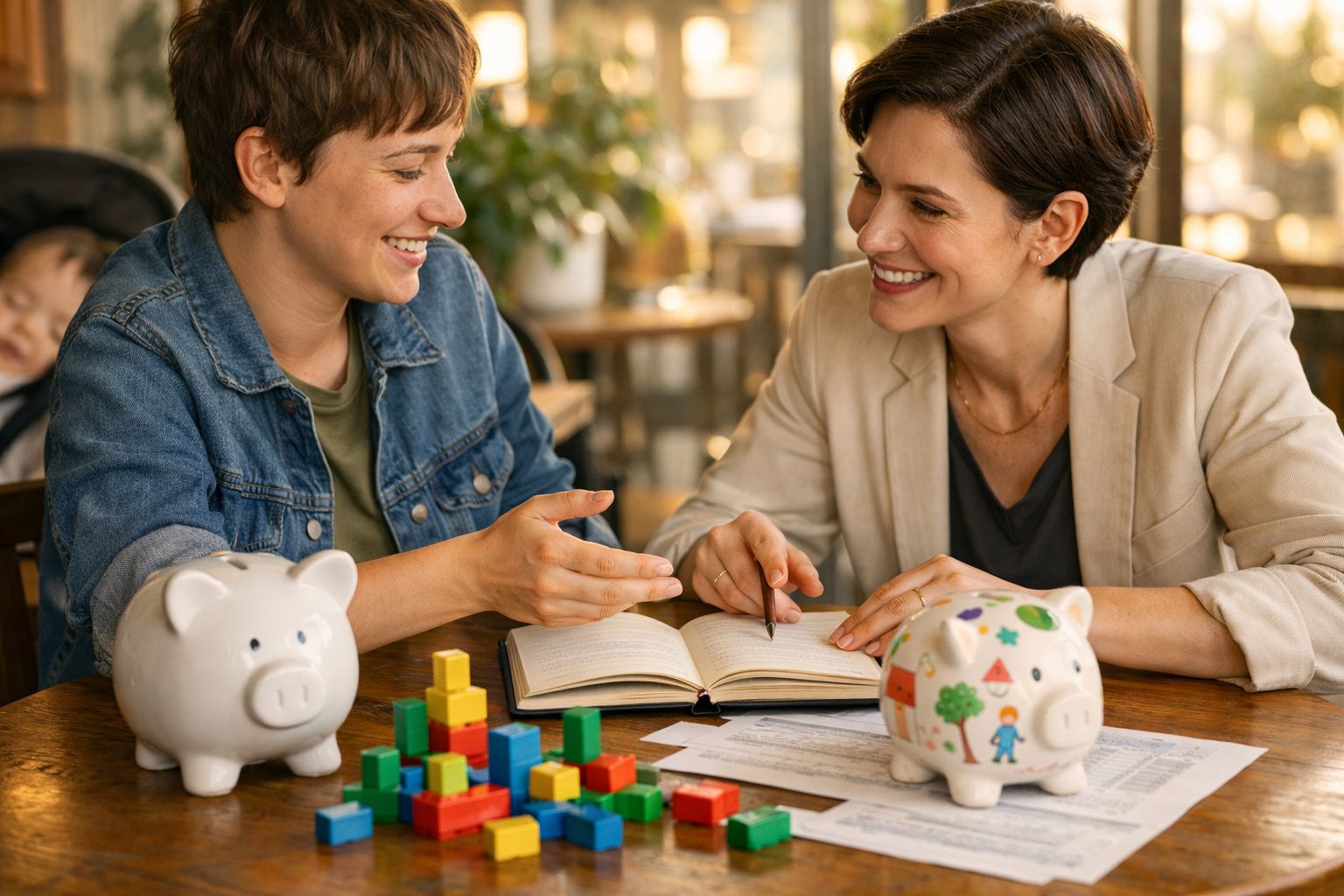Duas mulheres a sorrir e discutir finanças com mealheiros e blocos de montar coloridos numa mesa.
