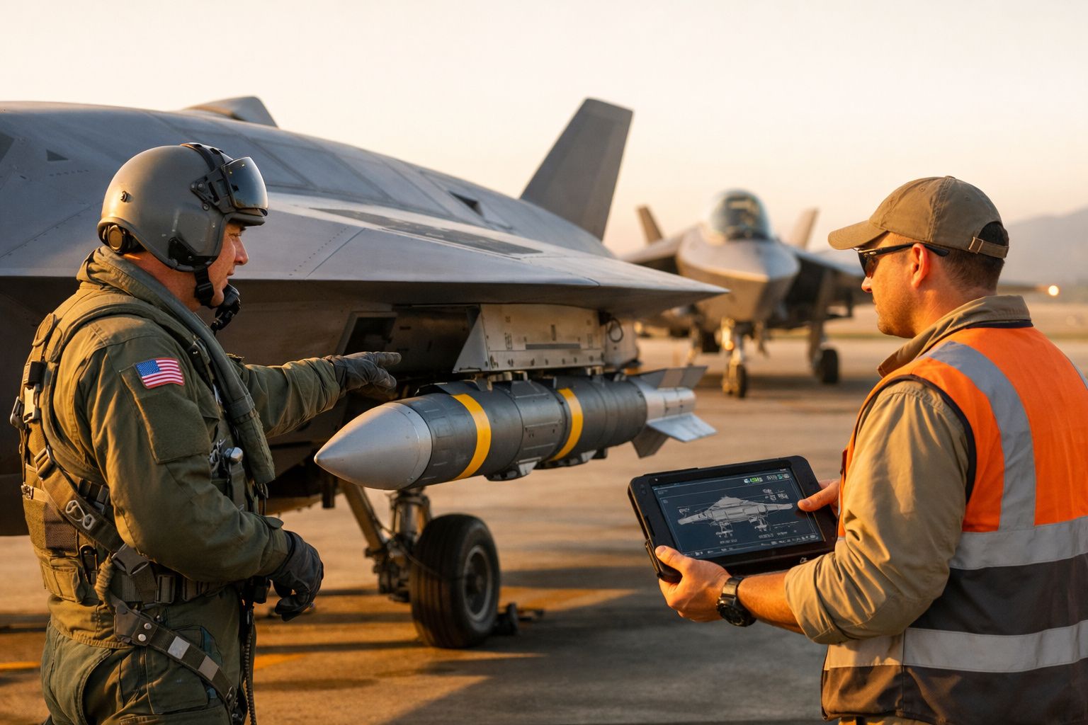 Militar com fato de piloto e operador com colete laranja inspecionam avião militar numa pista ao pôr do sol.