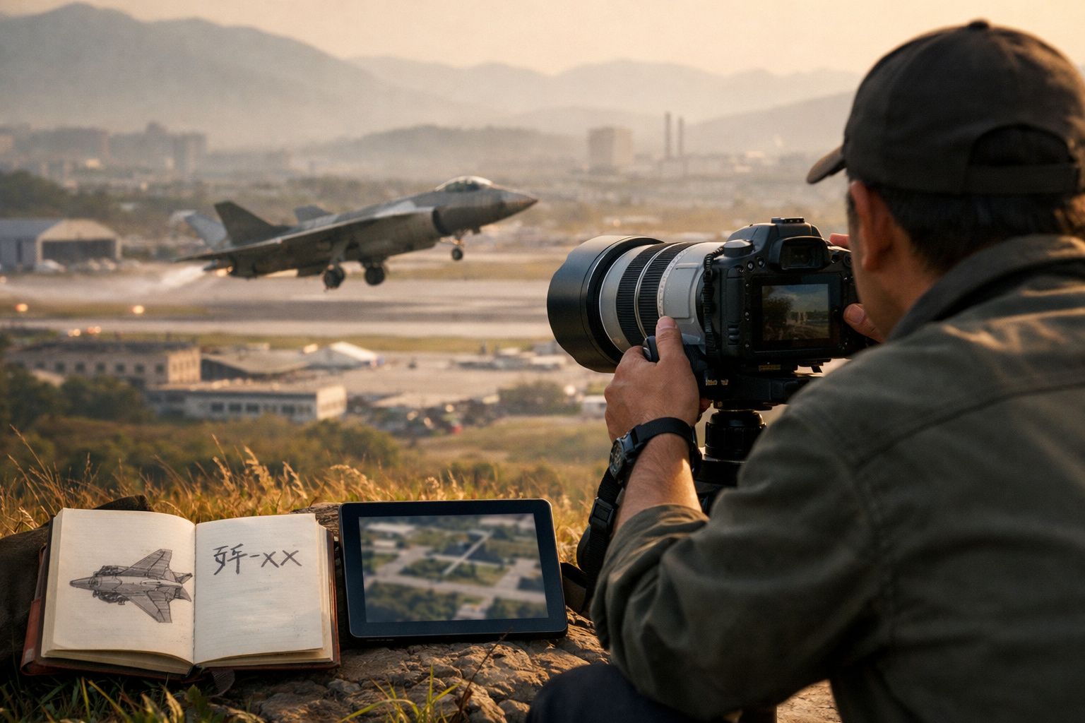 Fotógrafo a captar imagem de avião militar a descolar, com caderno de desenho e tablet ao lado.