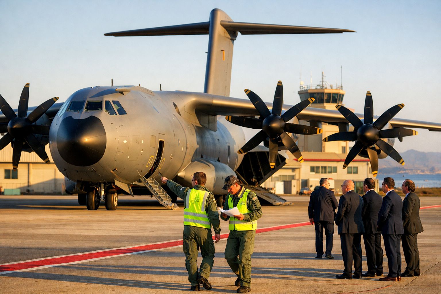 Avião militar tático estacionado no aeroporto com dois militares em coletes refletivos e grupo de homens de fato.