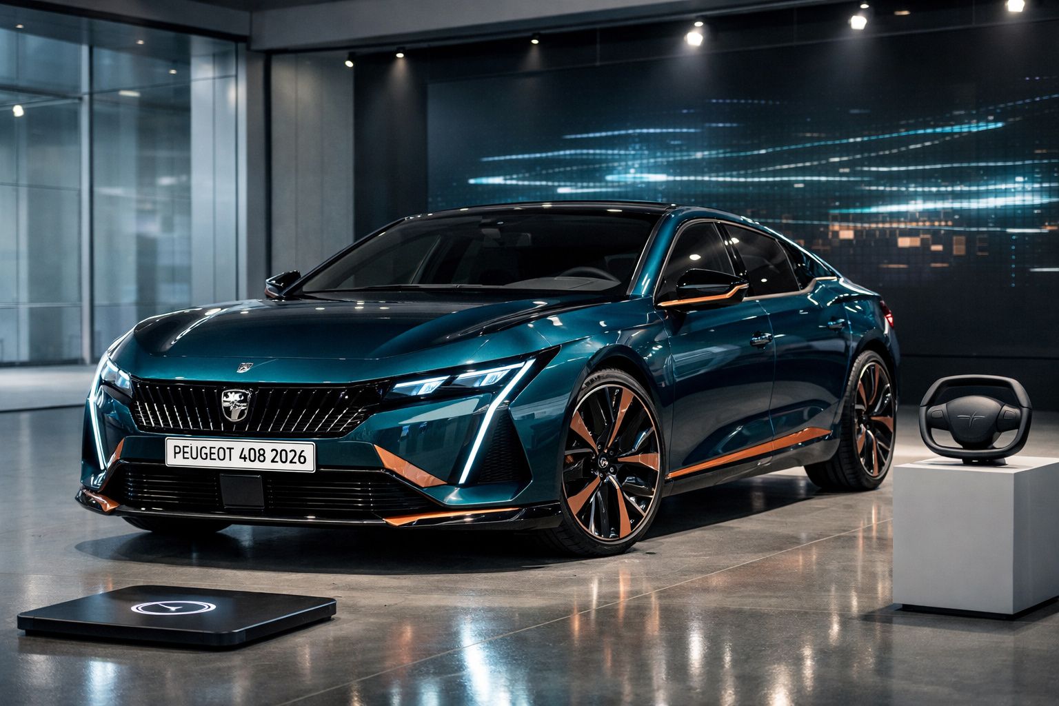 Peugeot 408 2026 em exposição, carro desportivo azul com detalhes laranja e rodas de liga leve preta e laranja.
