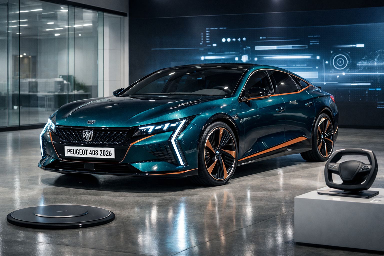 Peugeot 408 2026 verde com detalhes laranja estacionado em showroom moderno com volantes em exposição.