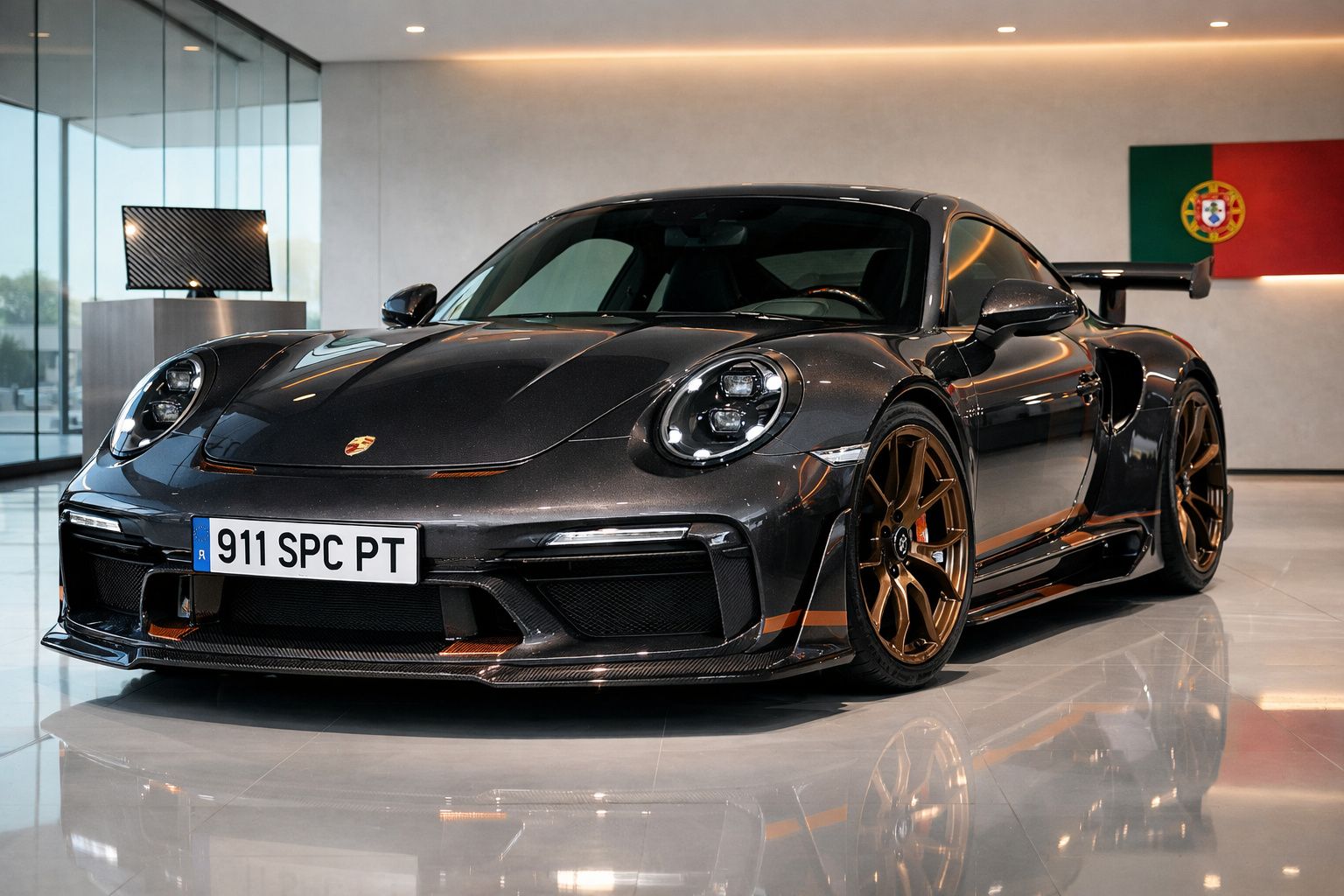 Carro desportivo Porsche 911 preto com jantes douradas num showroom moderno com bandeira de Portugal.