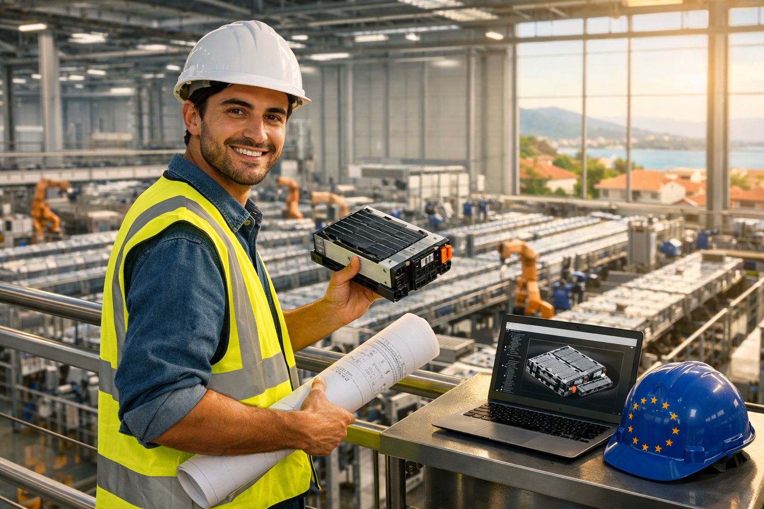 Engenheiro numa fábrica, com capacete e colete, segura componente e planta, junto a portátil com projeto aberto.
