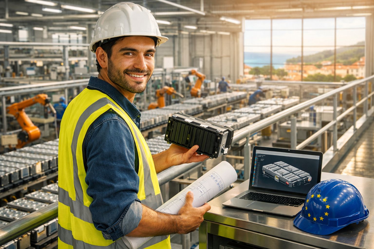Engenheiro em fábrica com capacete e colete, segurando máquina, com portátil e capacete com bandeira da UE.