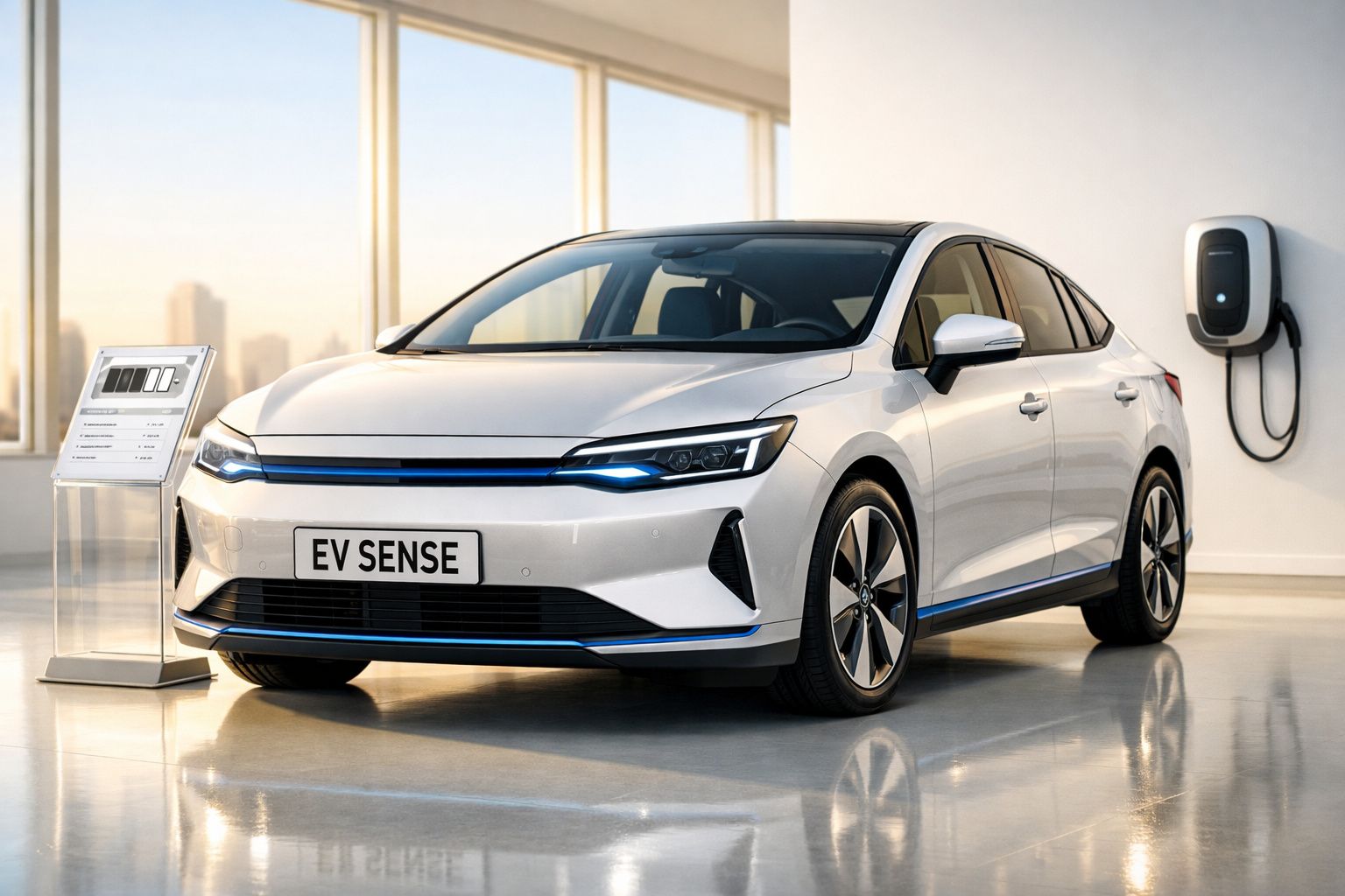 Carro elétrico branco estacionado numa sala com carregador mural e placa EV SENSE.