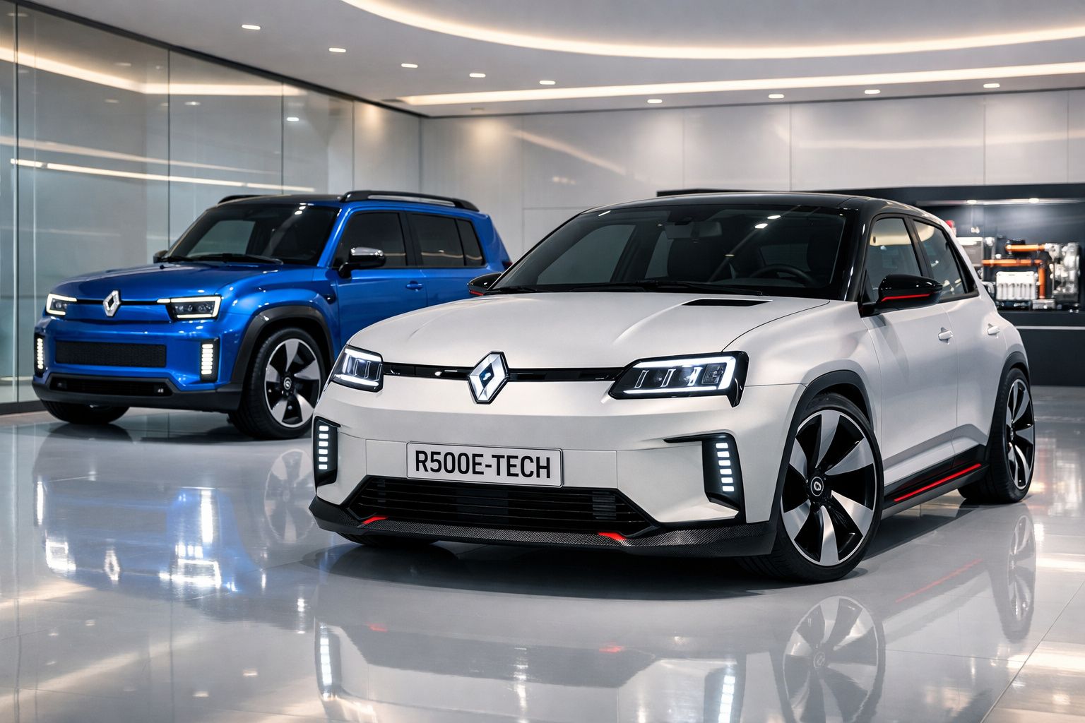 Dois carros elétricos Renault, um branco à frente e um azul ao fundo, em showroom moderno e iluminado.