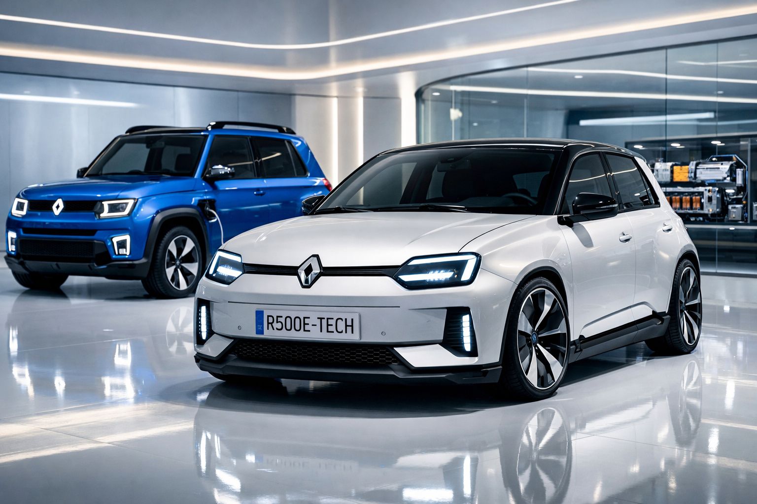 Dois carros elétricos Renault com design moderno, um branco em primeiro plano e outro azul ao fundo, em espaço tecnológico.