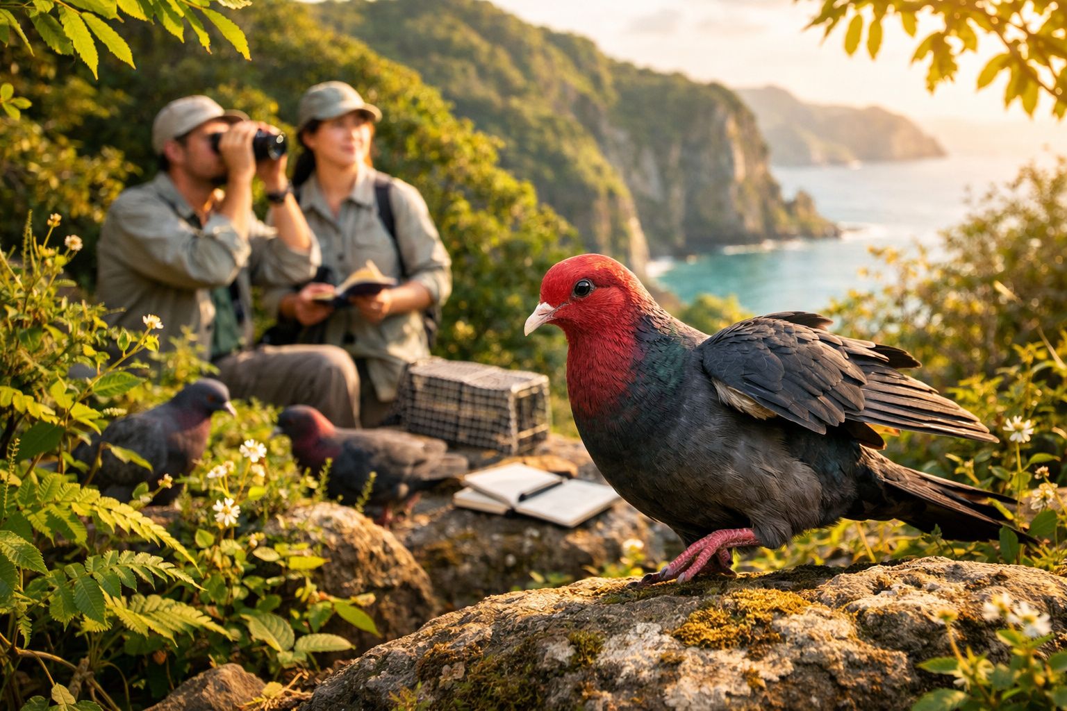 Pássaro colorido em pedra com dois observadores de aves e vegetação à beira de um lago montanhoso ao fundo.