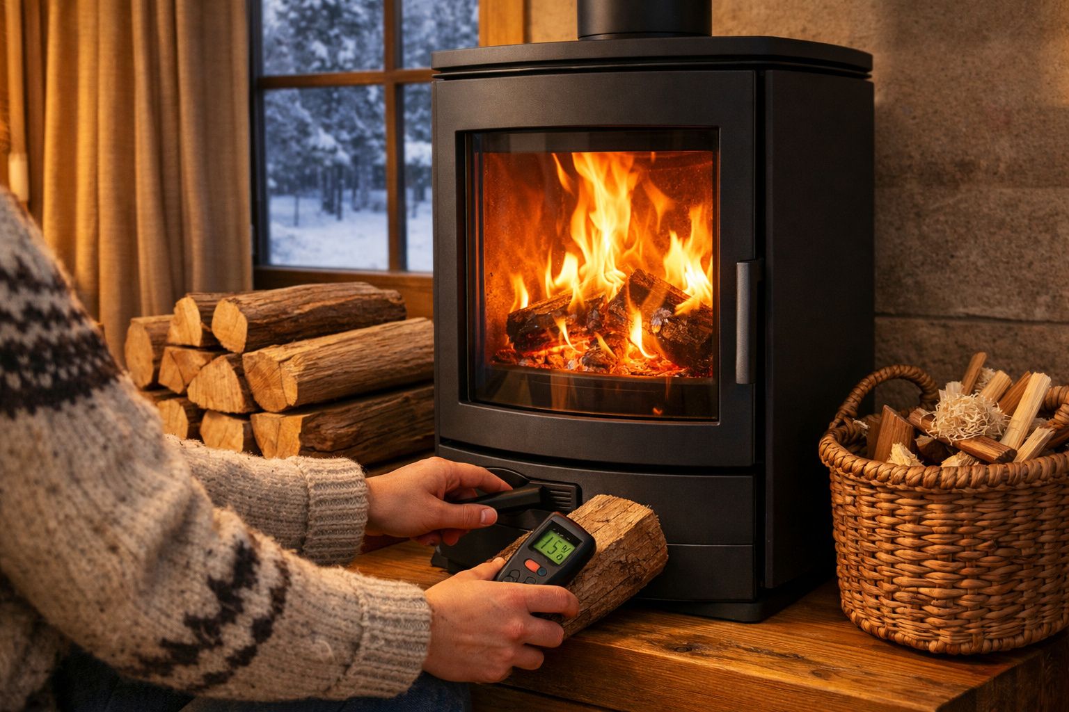 Pessoa a medir a temperatura de uma lareira a lenha acesa numa sala acolhedora com madeira e cesta junto.