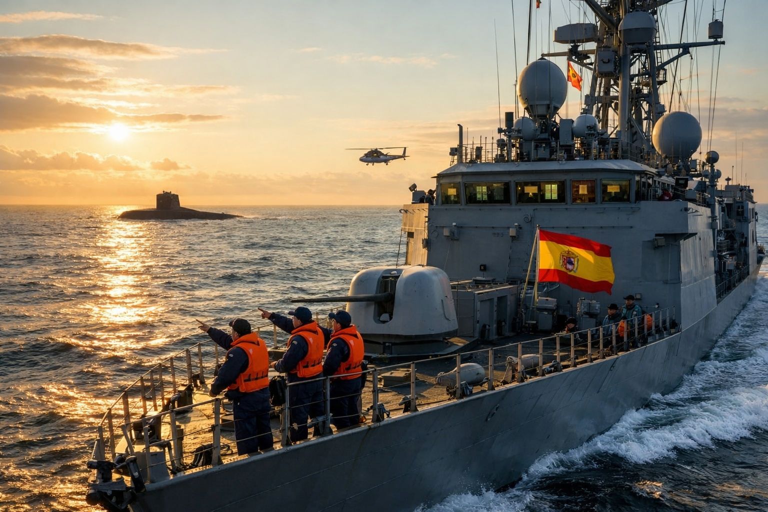Navio de guerra espanhol com tripulação em coletes salva-vidas ao pôr do sol, submarino e helicóptero ao fundo.