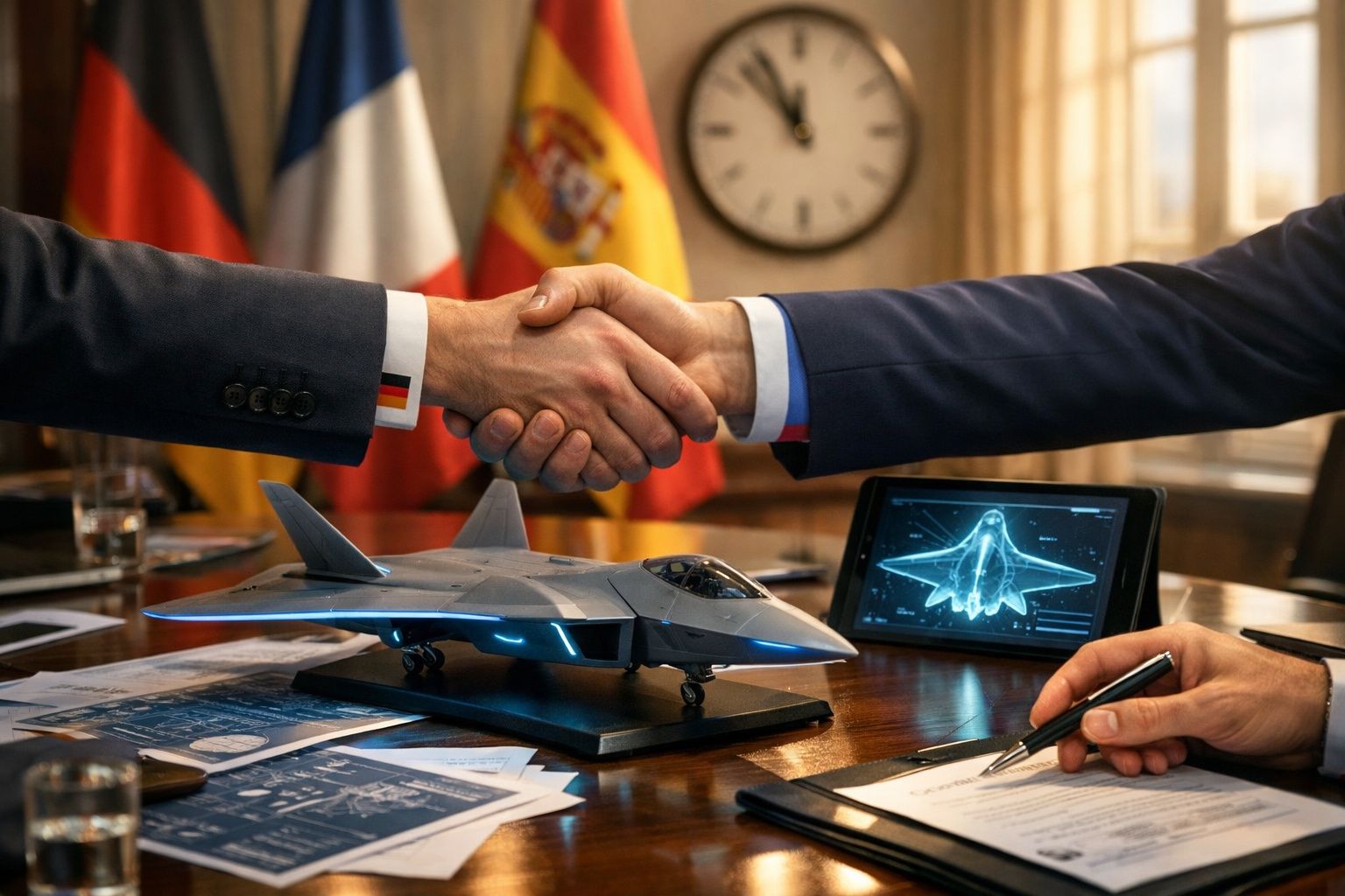 Dois homens a apertar as mãos sobre mesa com maquete de avião militar e bandeiras de Alemanha e Espanha ao fundo.