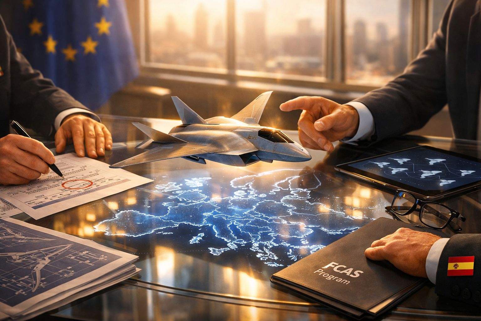 Reunião com maqueta de jato militar sobre mapa digital da Europa, documentos técnicos e bandeira da União Europeia ao fundo.