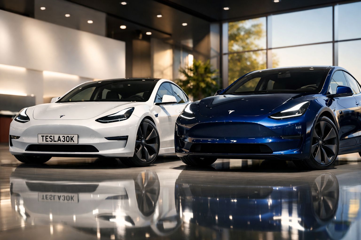 Dois carros elétricos Tesla Model 3, um branco e um azul, estacionados em ambiente interior moderno.