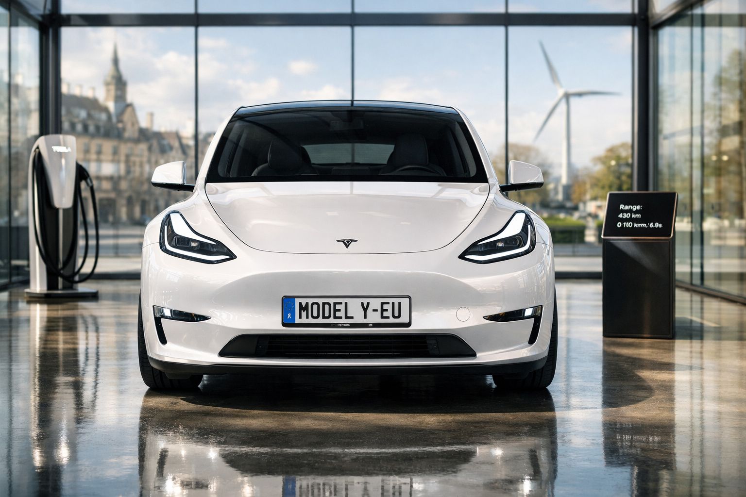 Carro elétrico Tesla Model Y branco, visto de frente, em espaço moderno com carregador e eólica.