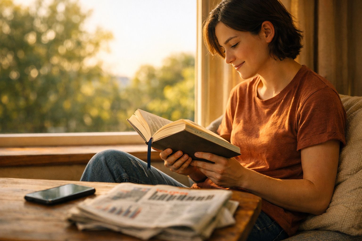 Mulher sentada junto à janela a ler um livro, com telemóvel e jornal numa mesa de madeira.