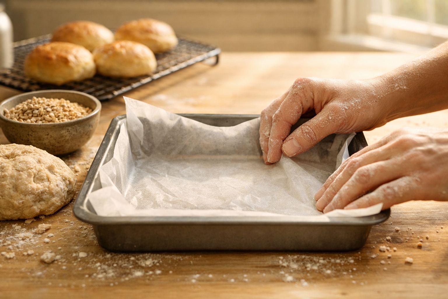 Mãos a forrar um tabuleiro de forno com papel vegetal, massa e pão caseiro ao fundo numa bancada de madeira.
