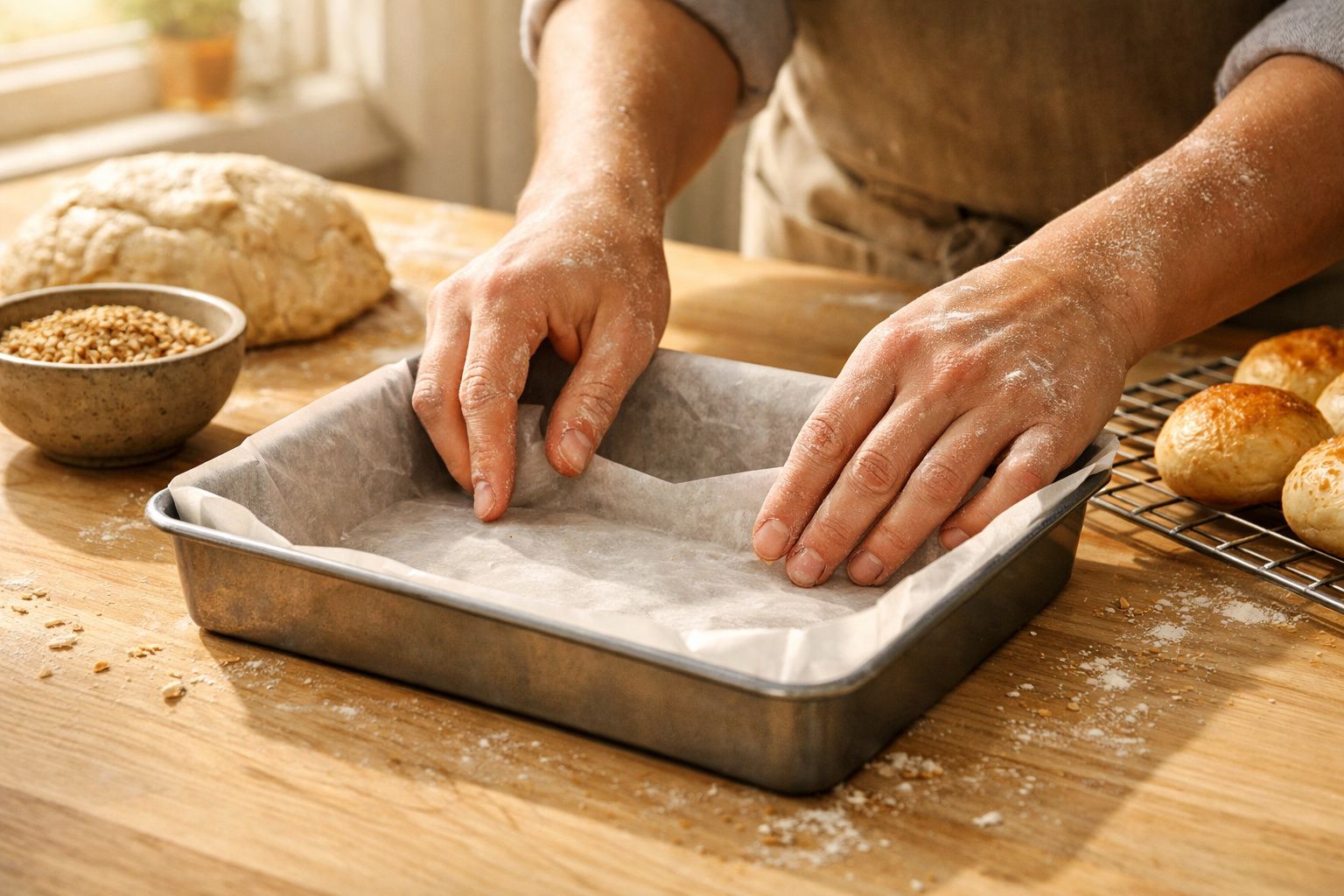 Mãos forrando um tabuleiro com papel vegetal numa bancada de madeira com pão e farinha.