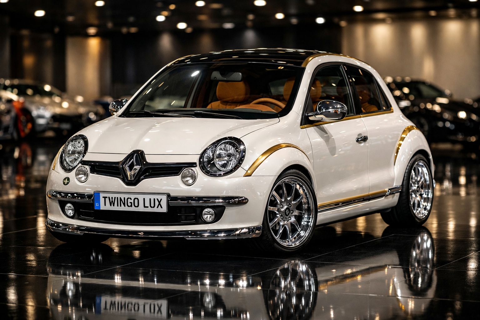 Carro Renault Twingo Lux branco com detalhes dourados e interior castanho em exposição elegante.