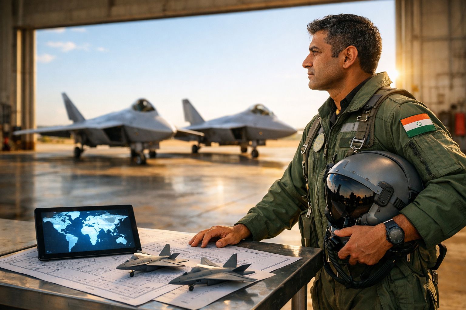 Piloto militar indiano de pé com capacete, perto de mapas, modelos de aviões e caças num hangar ao pôr do sol.