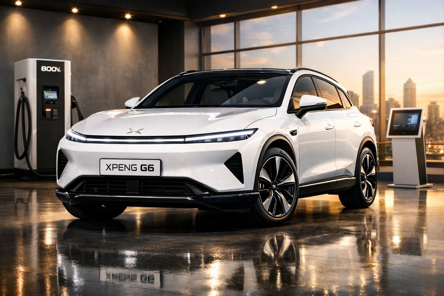 Carro elétrico branco XPENG G6 estacionado junto a um posto de carregamento num espaço interior moderno.