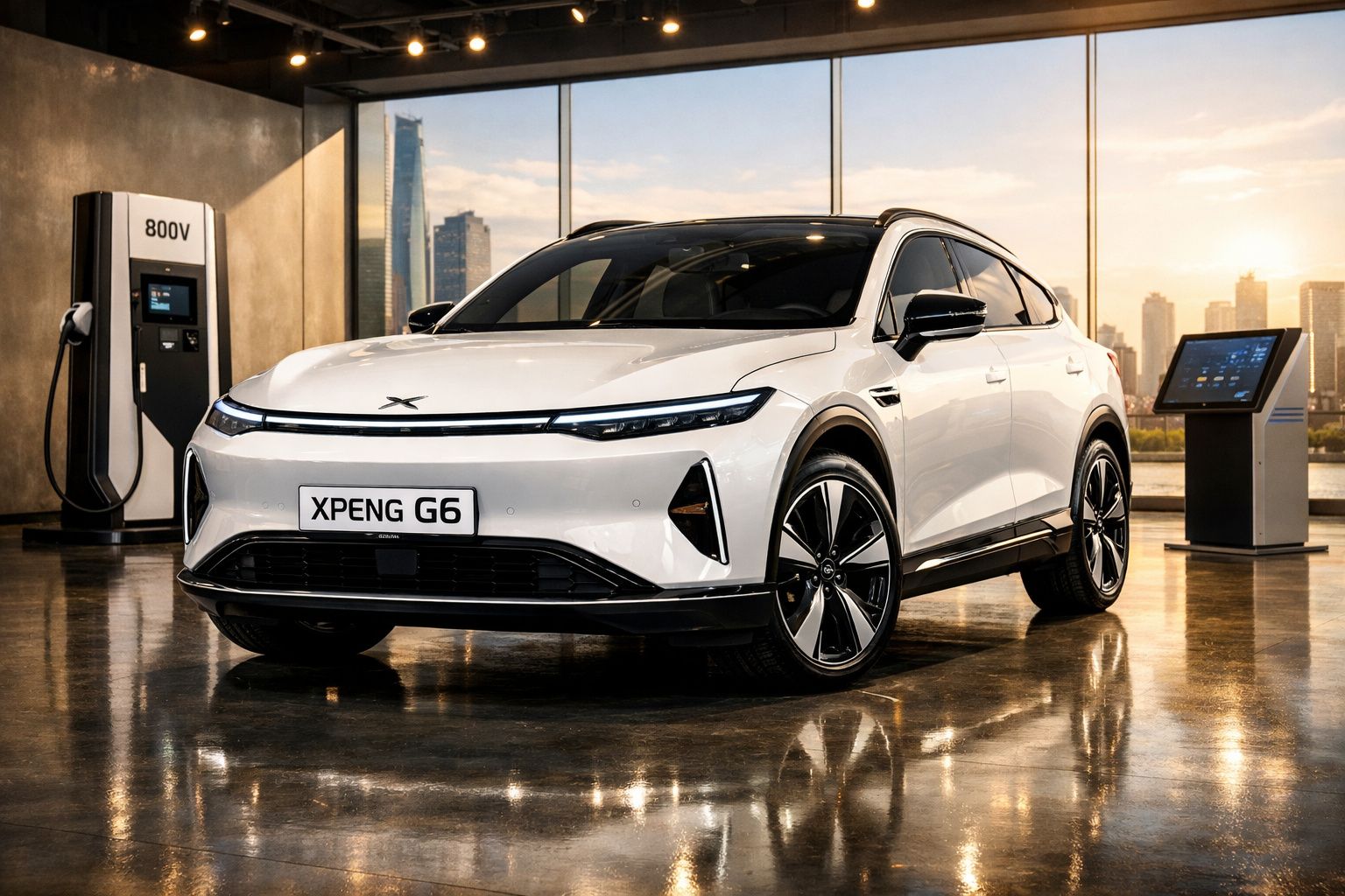 Carro elétrico branco XPeng G6 estacionado em área iluminada com posto de carregamento 800V ao fundo.