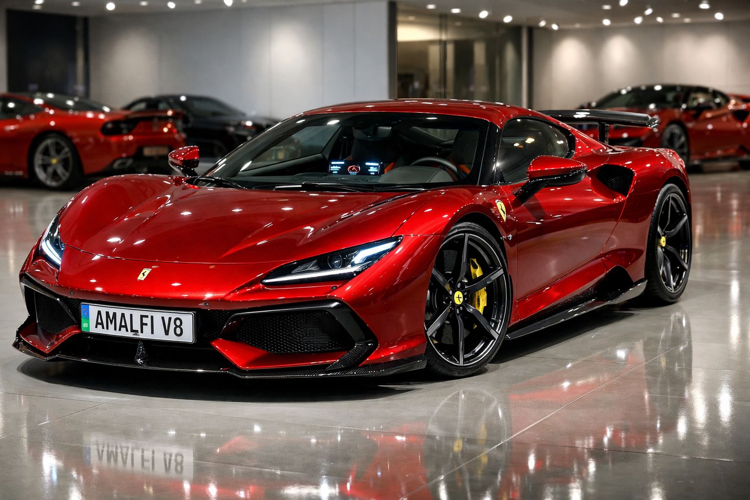 Carro desportivo Ferrari vermelho brilhante com matrícula personalizada, exposto numa garagem moderna.