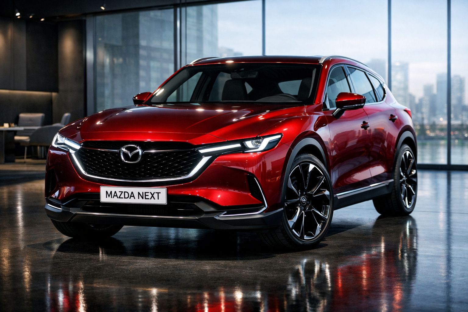 Carro Mazda vermelho brilhante modelo SUV estacionado em ambiente interior moderno com grande janela.