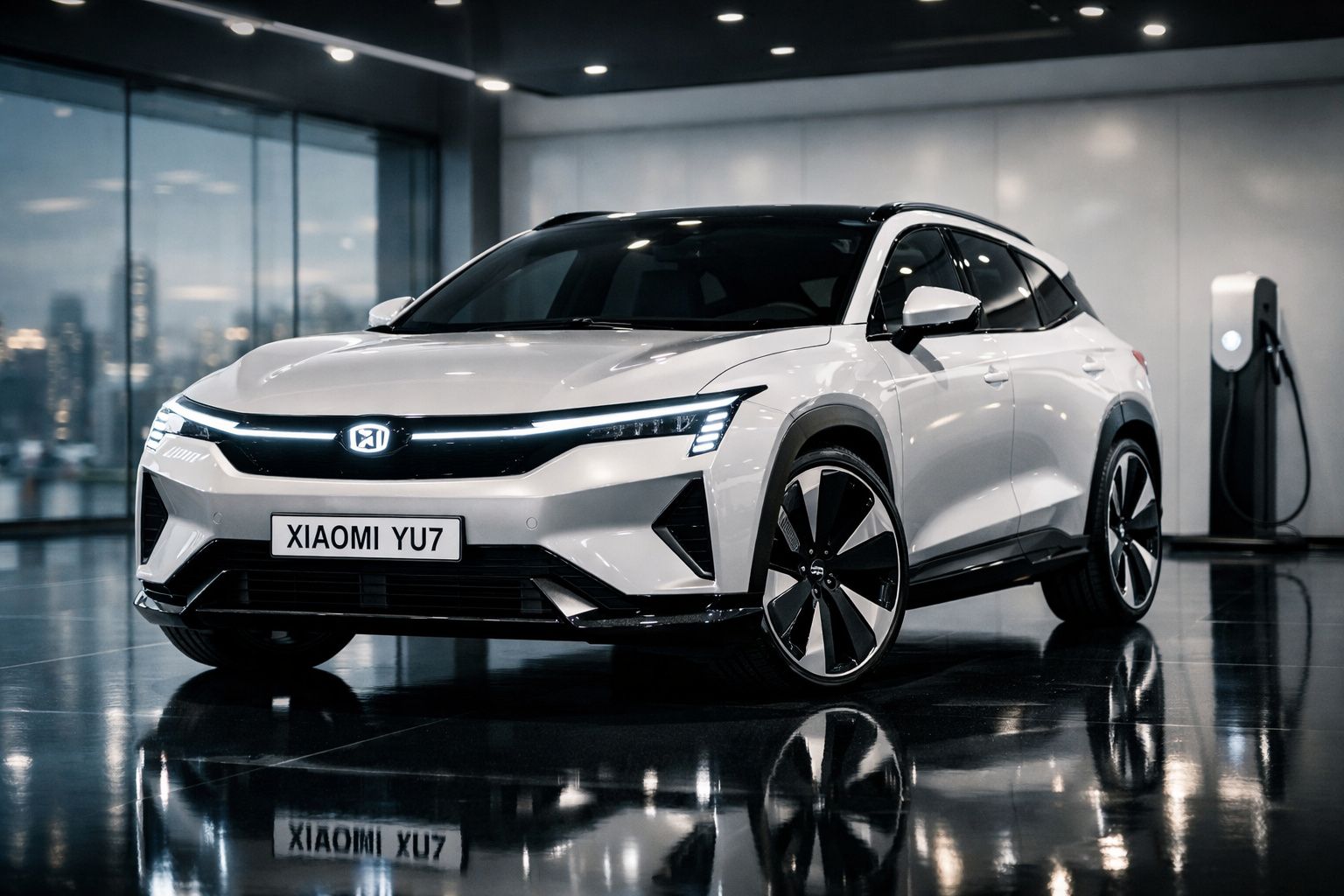 Carro elétrico branco Xiaomi YU7 estacionado em espaço moderno com carregador elétrico ao fundo.
