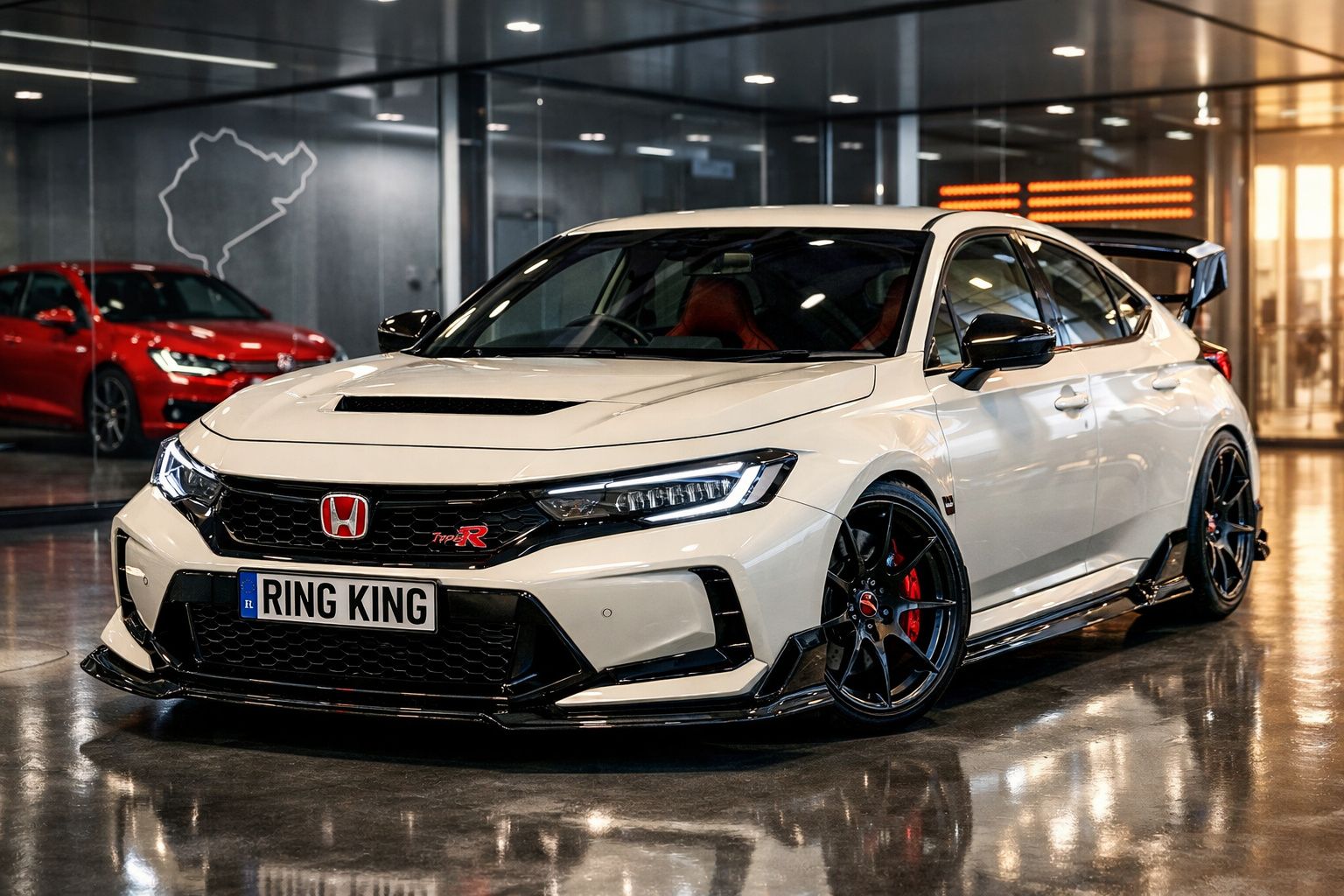Honda Civic Type R branco estacionado em garagem com detalhes em preto e jantes pretas.