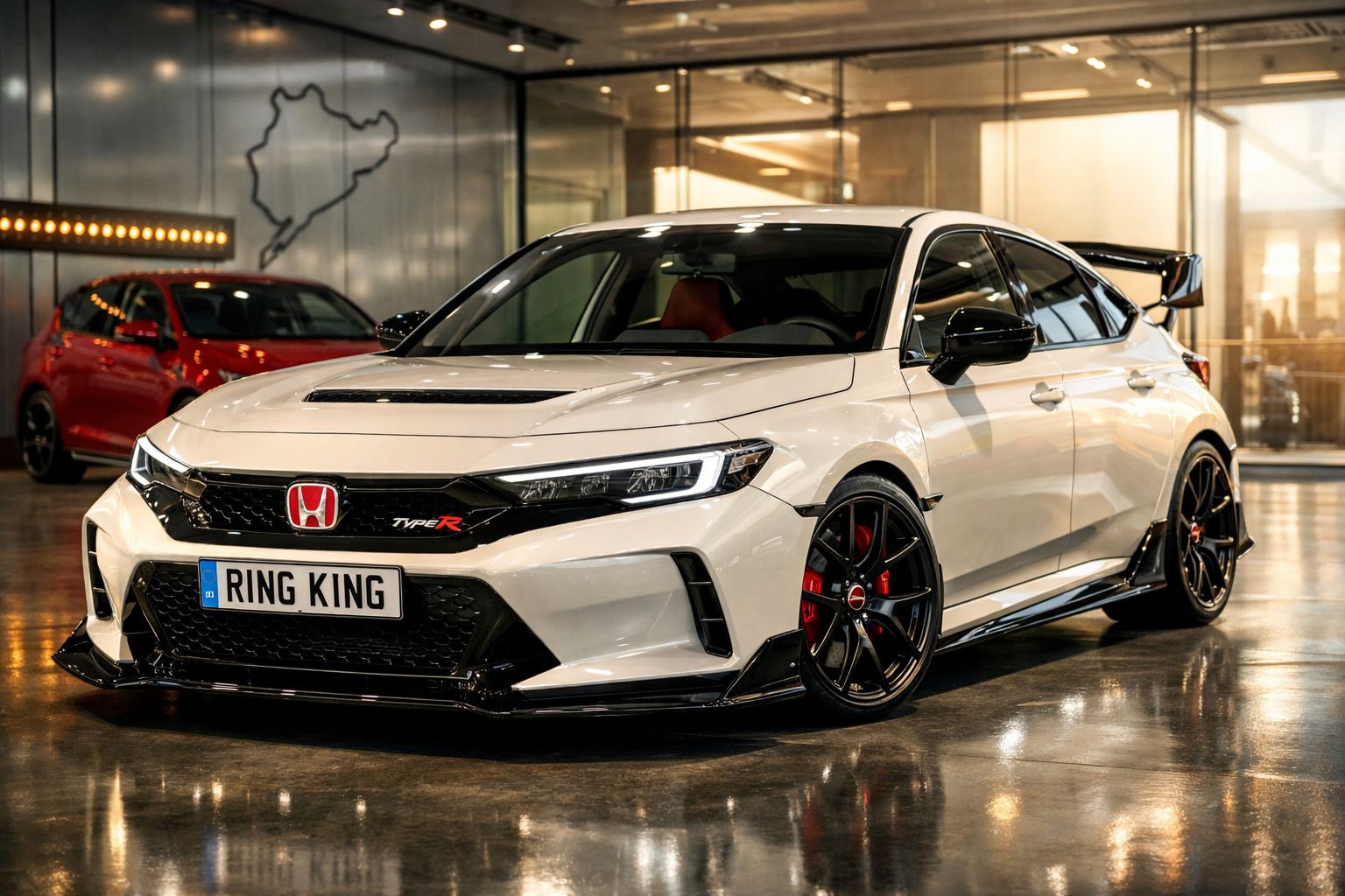 Carro desportivo Honda Civic Type R branco estacionado em interior com luz suave refletida no chão húmido.