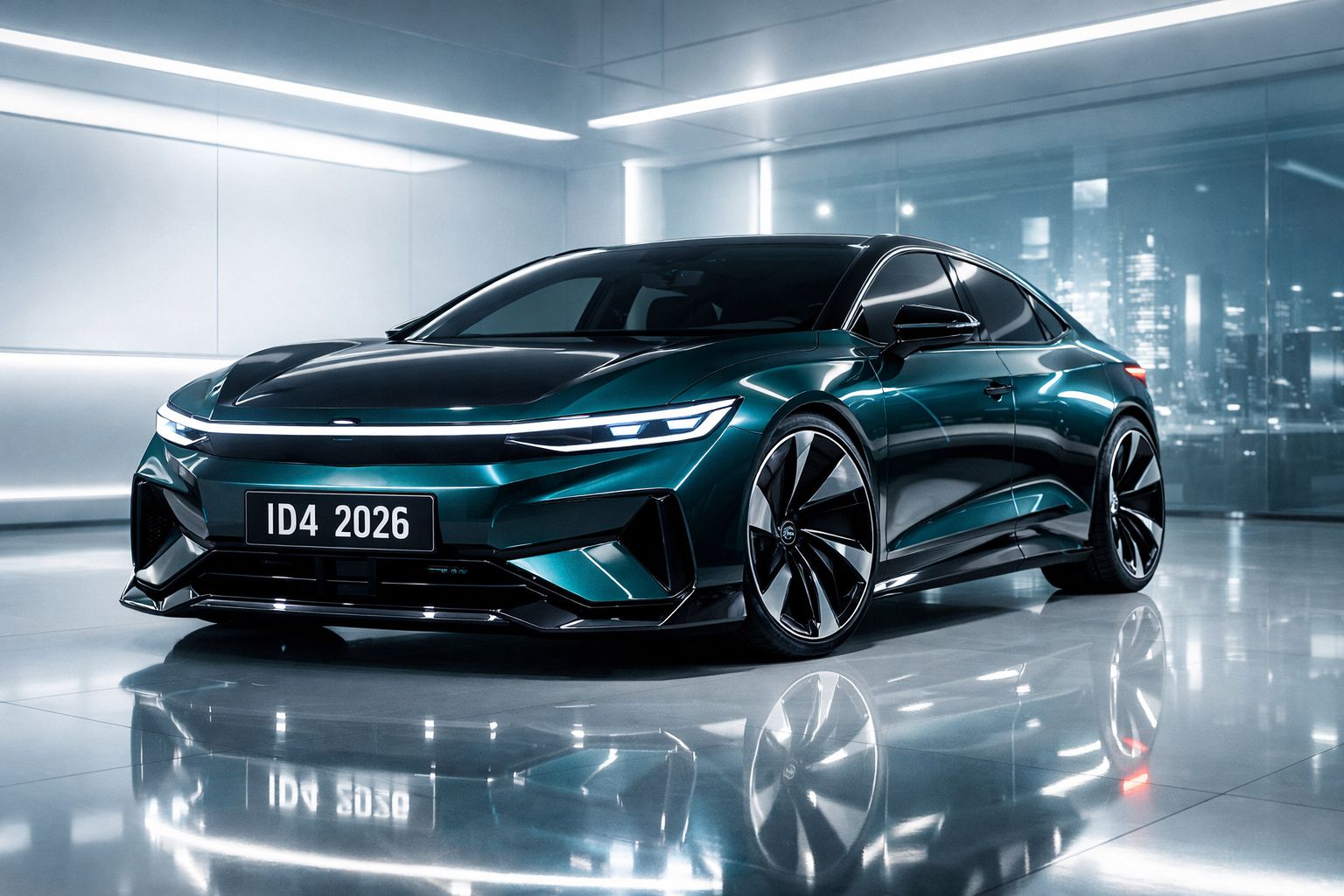 Carro elétrico desportivo Volkswagen ID.4 2026 verde-escuro num ambiente interior moderno e iluminado.
