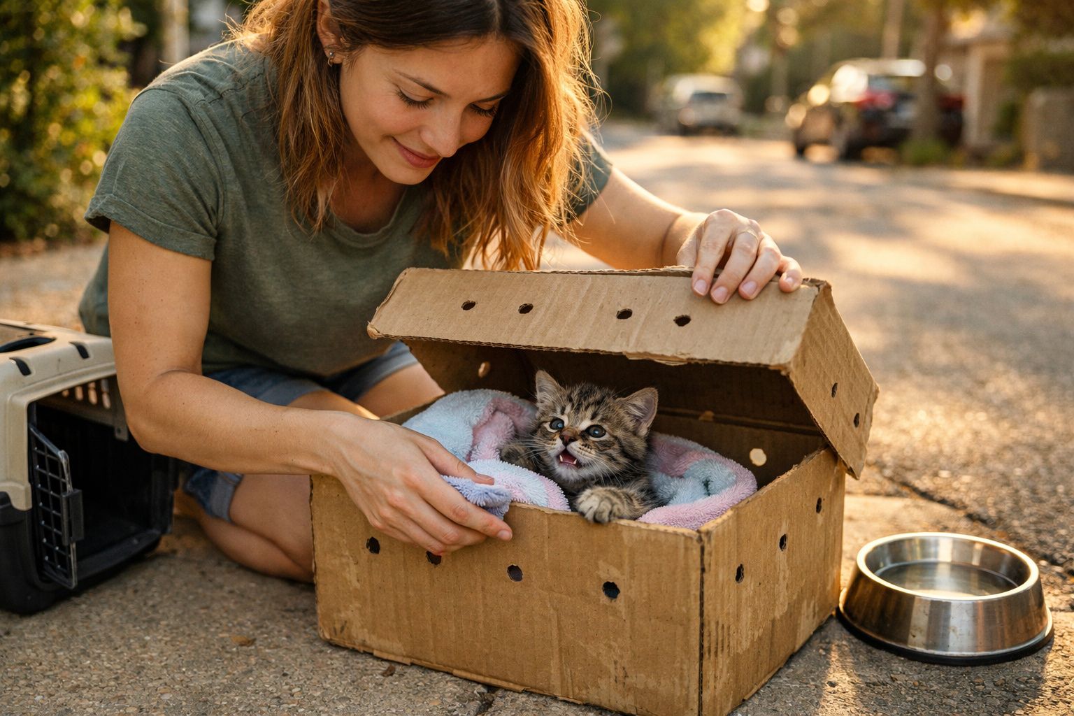 Mulher sorridente a cuidar de gato num cobertor dentro de uma caixa de cartão numa rua.