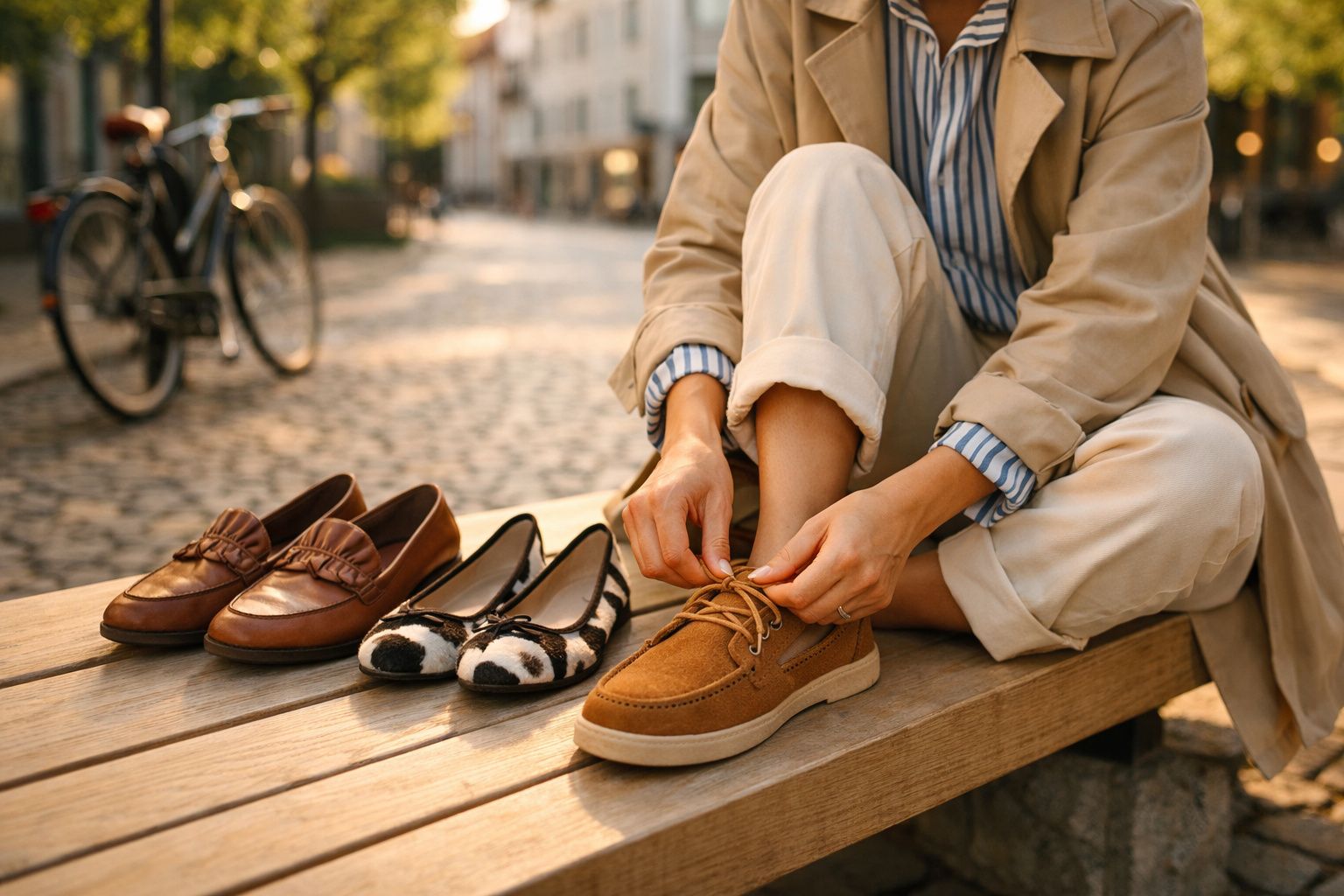 Pessoa sentada num banco urbano a calçar sapatos castanhos, ao lado outros dois pares de sapatos.