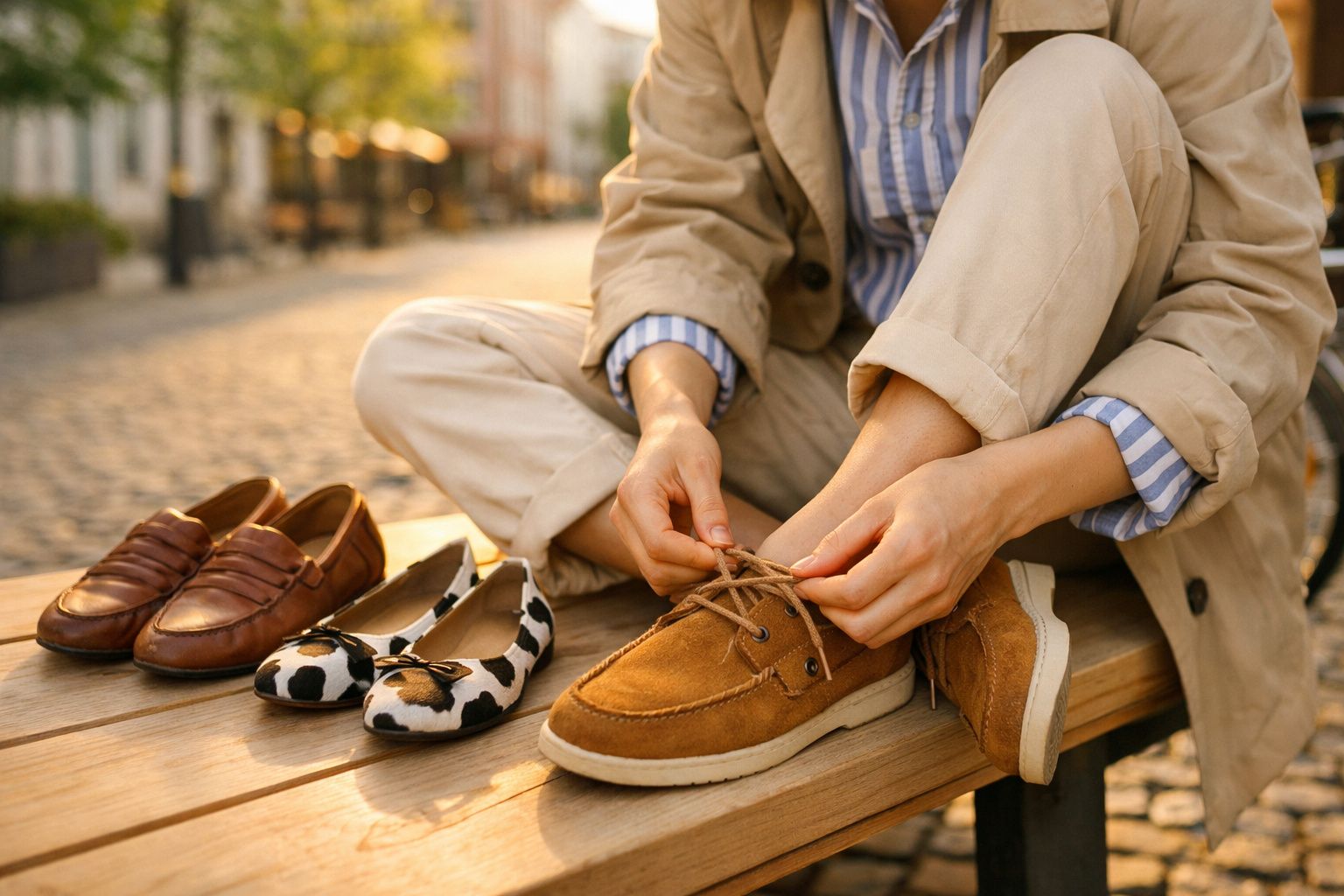 Pessoa a calçar sapatos castanhos com atacadores sentada num banco ao ar livre com mais dois pares de sapatos ao lado.