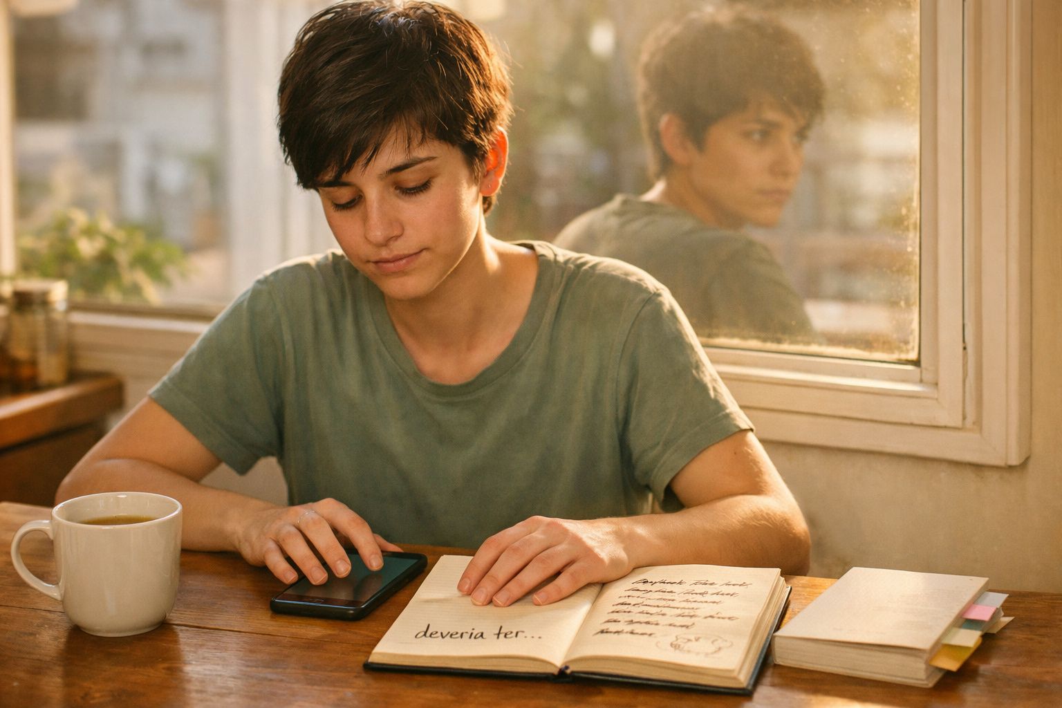 Pessoa jovem com curta cabelo castanho sentado à mesa com caderno, telemóvel e chá, junto a uma janela.