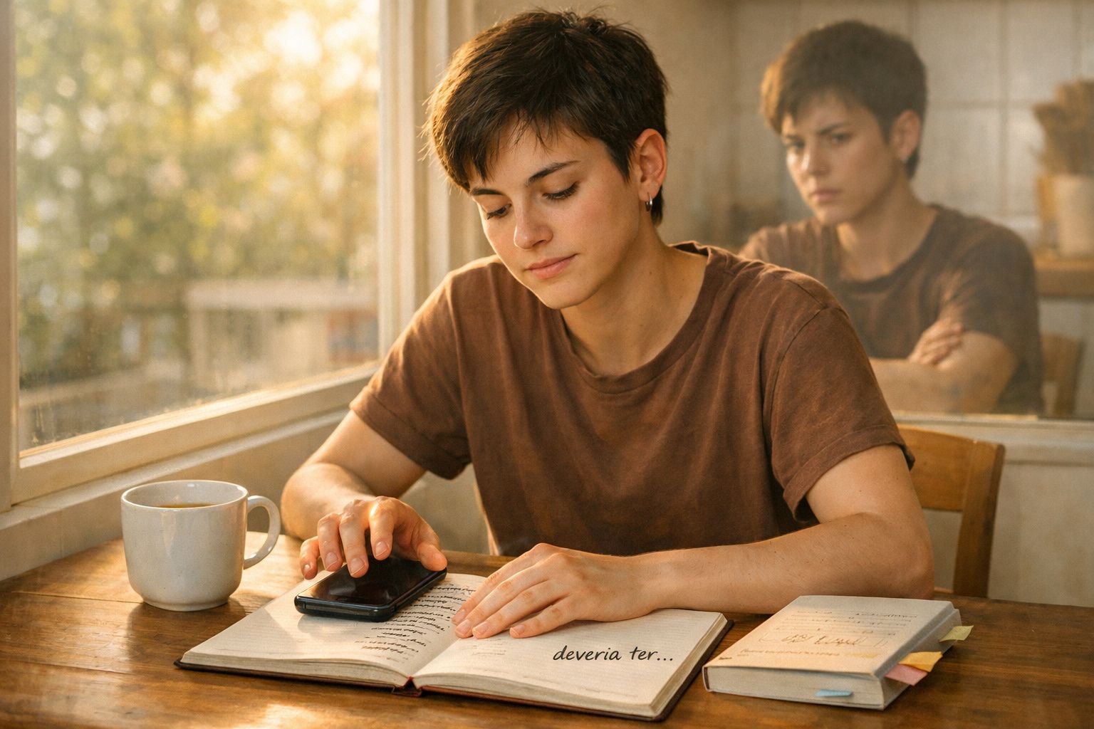 Jovem sentado à mesa com livro aberto e telemóvel, com reflexo na janela ao fundo.