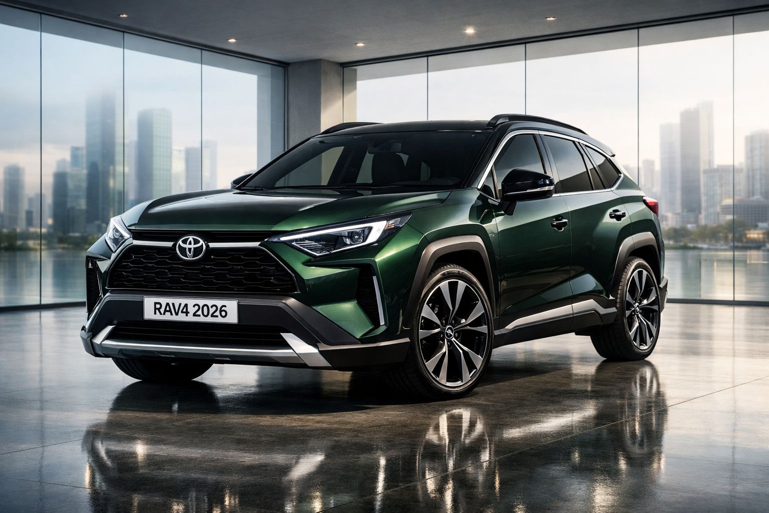 Carro SUV Toyota RAV4 2026 verde metálico estacionado em interior com vidros amplos e vista urbana.