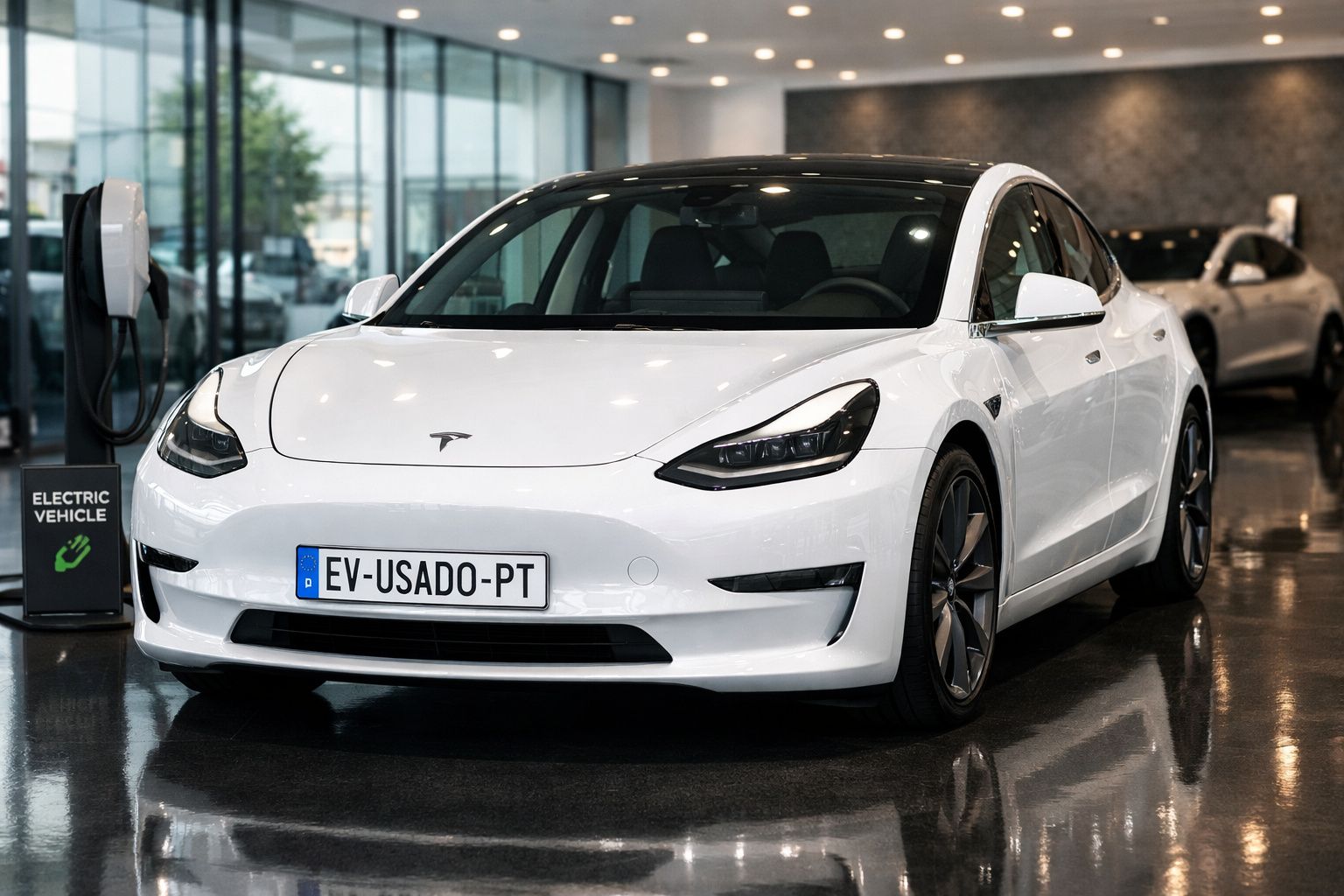 Carro elétrico Tesla branco estacionado numa sala de exposições, com placa EV-USADO-PT.