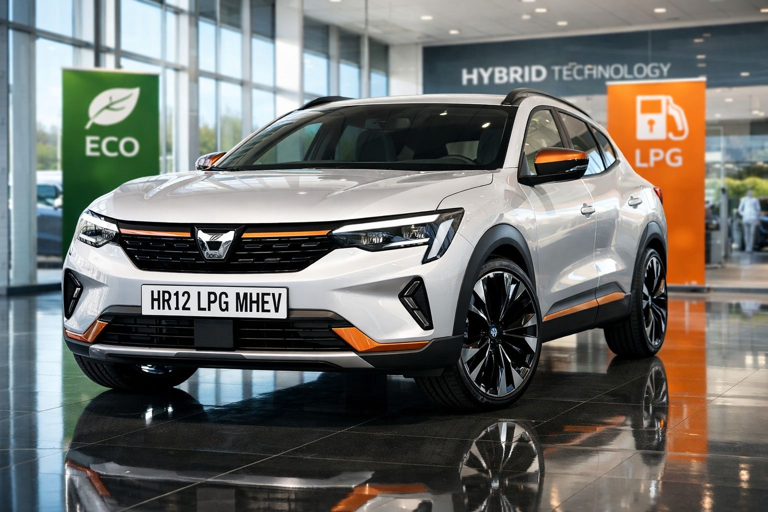 Carro híbrido branco com detalhes laranja em exposição numa sala moderna com sinais ECO e LPG.