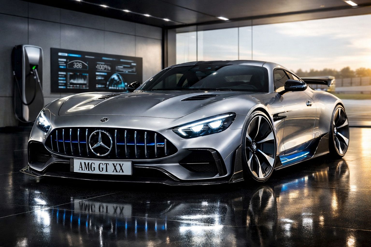 Carro desportivo Mercedes AMG GT XX prata em garagem moderna com carregador elétrico ao fundo.