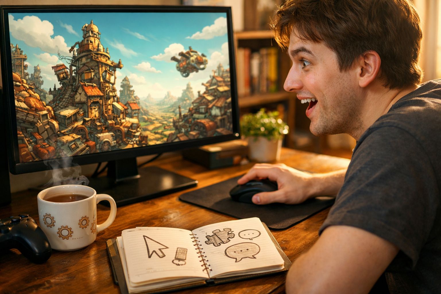 Jovem entusiasmado a jogar videojogo num computador com ambiente de fantasia e notas desenhadas à frente.