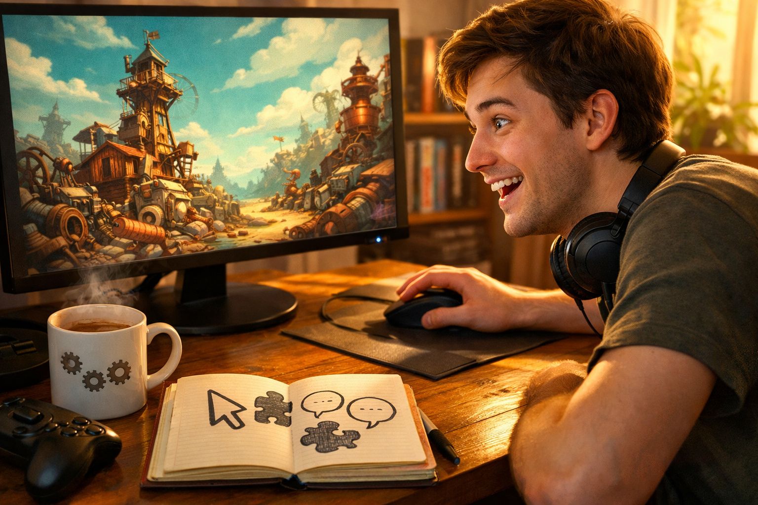 Jovem entusiasmado a jogar videojogo num computador com auscultadores e caneca de café na secretária.