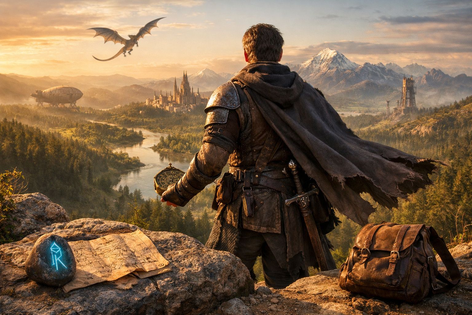 Guerreiro olhando para castelo e dragão voando sobre rio num cenário de fantasia ao pôr do sol.