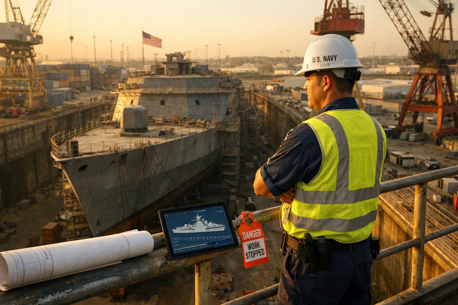 Homem com capacete e colete refletor observa navio em estaleiro com placa de perigo work stopped.