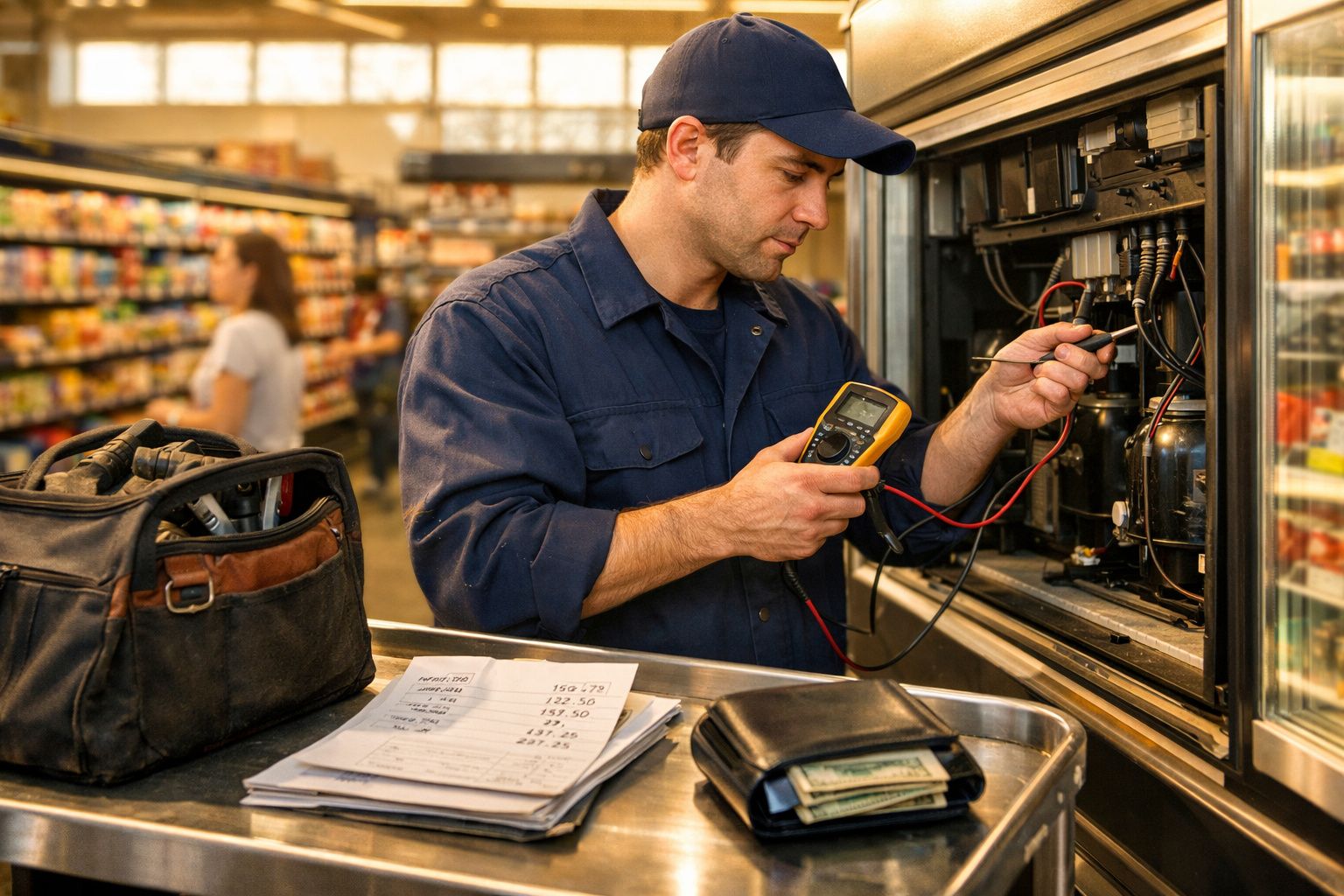 Técnico realiza manutenção em equipamento elétrico num supermercado, com ferramentas e documentos na bancada.